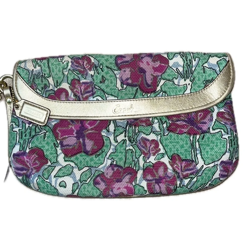 COACH Ashley Multicolor Floral Canvas Gold Leather Lg.Wristlet Wallet Clutch